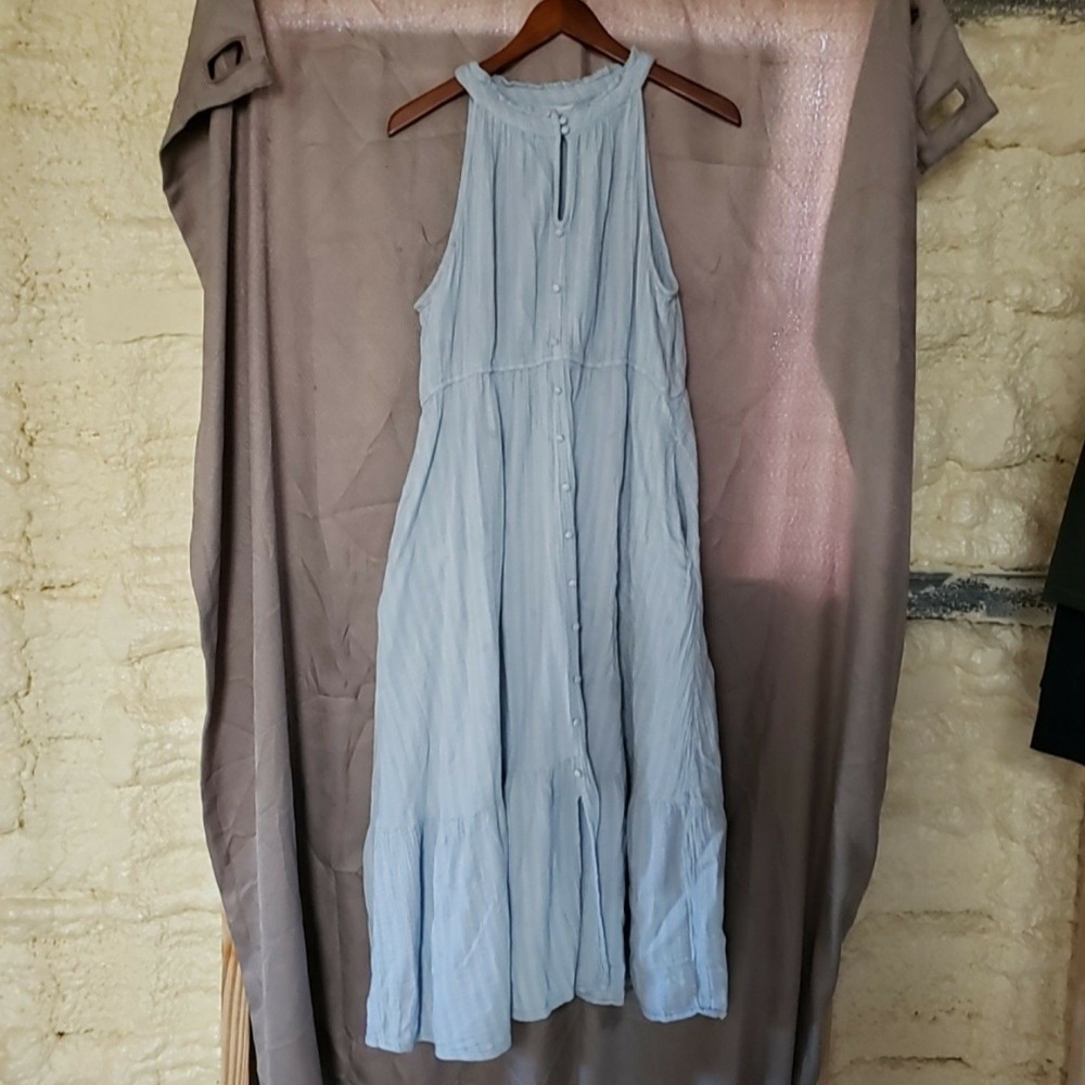 Time And Tru Dress Womens XL Blue Cotton Maxi Sleeveless High Neck Button Front